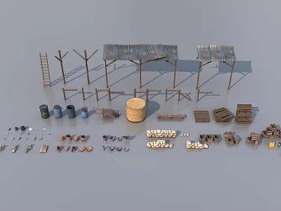 Essential Public Facility Components Including Shelters Ladders Barrels Crates And Tools 3d model
