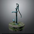 Rustic Blue Manual Water Pump On Round Stone Base With Green Moss Growth 3d model