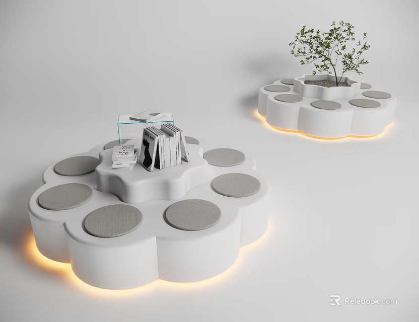 Modern Public Chairs Featuring Circular Seats Illuminated Edges Stack Of Books And Small Plant 3d model 