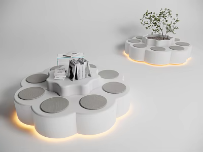 Modern Public Chairs Featuring Circular Seats Illuminated Edges Stack Of Books And Small Plant 3d model