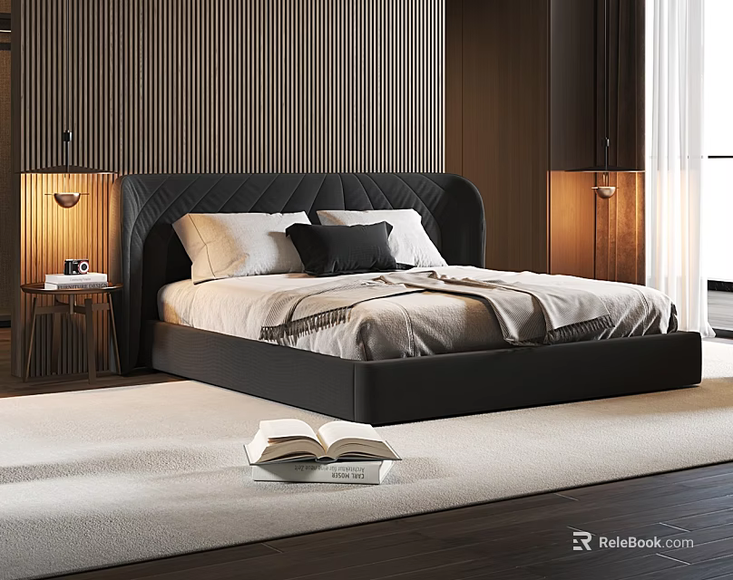Modern Double Bed With Black Headboard White Black Pillows Nightstand Lamps Open Book On Rug 3d model 
