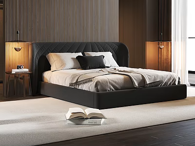 Modern Double Bed With Black Headboard White Black Pillows Nightstand Lamps Open Book On Rug 3d model