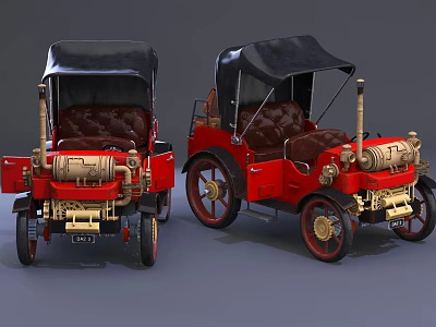 Two Vintage Red Open Top Cars With Black Soft Top And Brass Details 3d model