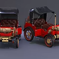 Two Vintage Red Open Top Cars With Black Soft Top And Brass Details