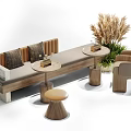 Modern Wooden Public Seating With Cushioned Backrest Round Side Tables And Green Plants