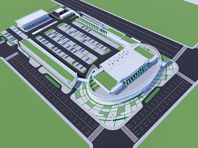 Modern Train Station Exterior With Circular Roof Design And Surrounding Roadways 3d model
