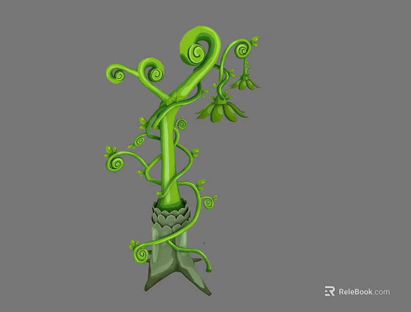 Green vine plant with curled vines decorative leaves and small flowers on stone base support 3d model 
