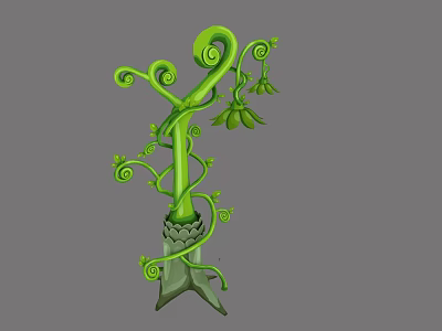 Green vine plant with curled vines decorative leaves and small flowers on stone base support 3d model