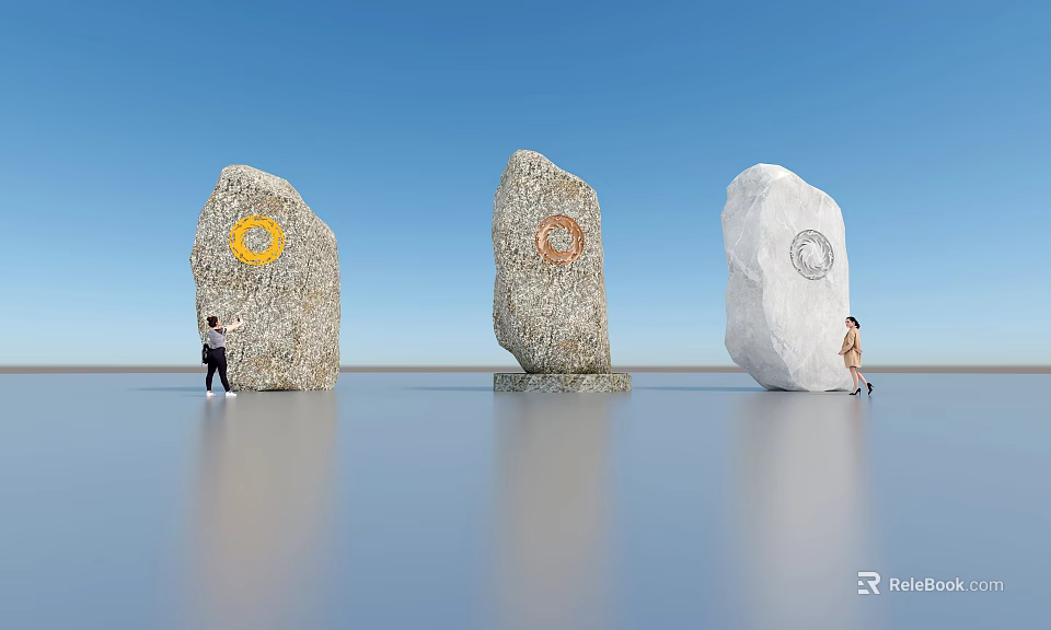 Three Stone Sculptures With Circular Carved Designs And People Beside Under Blue Sky 3d model 