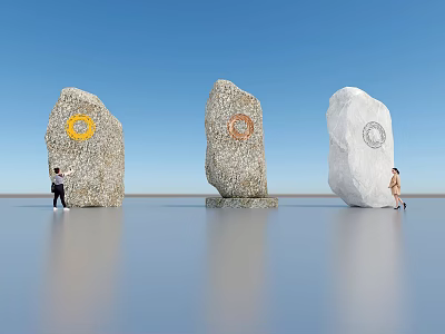 Three Stone Sculptures With Circular Carved Designs And People Beside Under Blue Sky 3d model