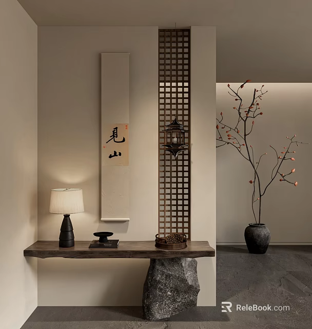 Wooden Lattice Partition in Zen Interior with Long Table Lamp Calligraphy Painting and Vase Twigs 3d model 