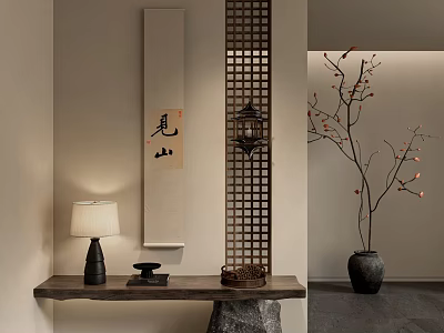 Wooden Lattice Partition in Zen Interior with Long Table Lamp Calligraphy Painting and Vase Twigs 3d model