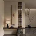 Wooden Lattice Partition in Zen Interior with Long Table Lamp Calligraphy Painting and Vase Twigs