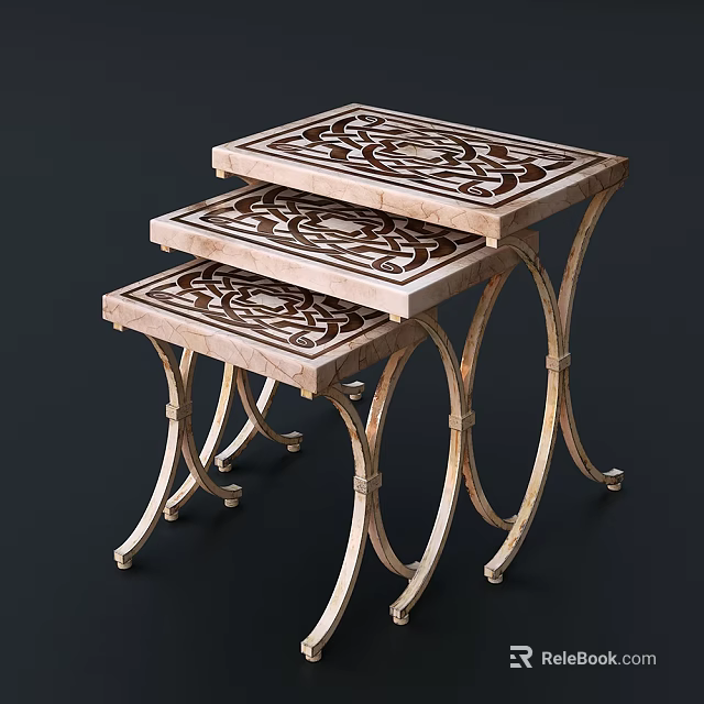 Elegant Nesting Side Tables with Intricate Patterned Tops and Curved Metal Legs 3d model 
