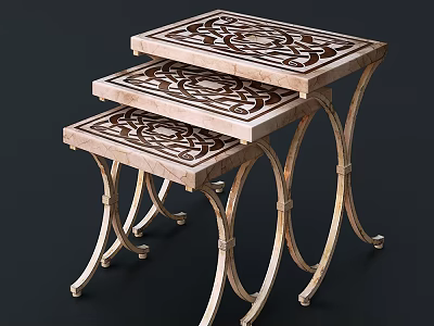 Elegant Nesting Side Tables with Intricate Patterned Tops and Curved Metal Legs 3d model