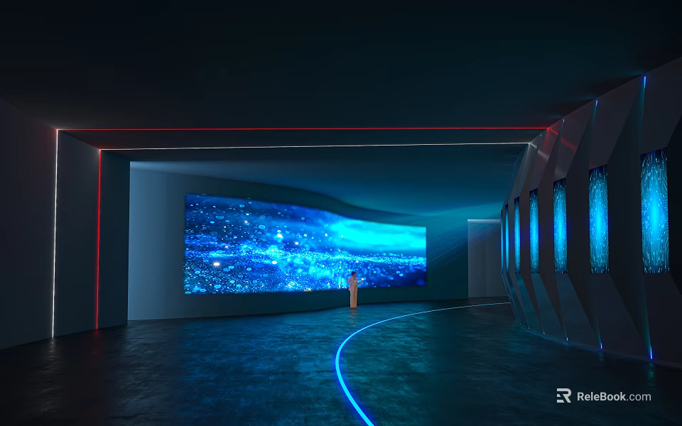 Modern Room With Large Curved Screen Showing Blue City Night View And Vertical Illuminated Panels 3d model 
