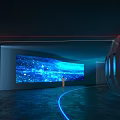 Modern Room With Large Curved Screen Showing Blue City Night View And Vertical Illuminated Panels