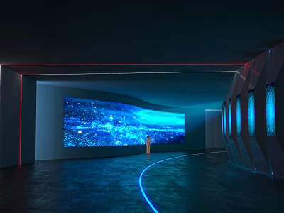 Modern Room With Large Curved Screen Showing Blue City Night View And Vertical Illuminated Panels 3d model