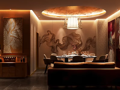 Elegant Luxurious Private Dining Room Interior With Decorative Wall And Crystal Chandelier 3d model