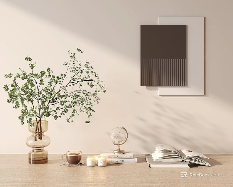 Decorative Ornament Set With Vase Greenery Globe Candles Books Coffee Cup And Wall Painting 3d model 
