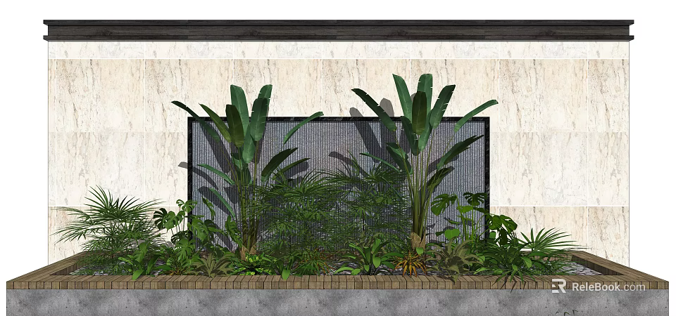 Tropical Plant Feature Wall With Black Mesh Light Marble Background And Brick Border At Bottom 3d model 