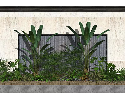 Tropical Plant Feature Wall With Black Mesh Light Marble Background And Brick Border At Bottom 3d model