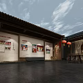 Ancient Chinese Architecture Courtyard With Red Lanterns Wooden Structures Long Tables And Red Decorative Paintings