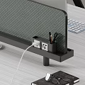 Modern Office Desk And Chair Set With Computer Monitors Bookshelf And Potted Plant