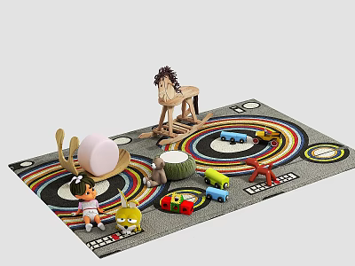 Colorful Play Area With Wooden Rocking Horse Toy Cars Blocks And Doll On Rug 3d model