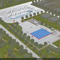 Aerial View Plan of Commercial Zone With Parking Lot Gas Station Buildings Trees and Roads