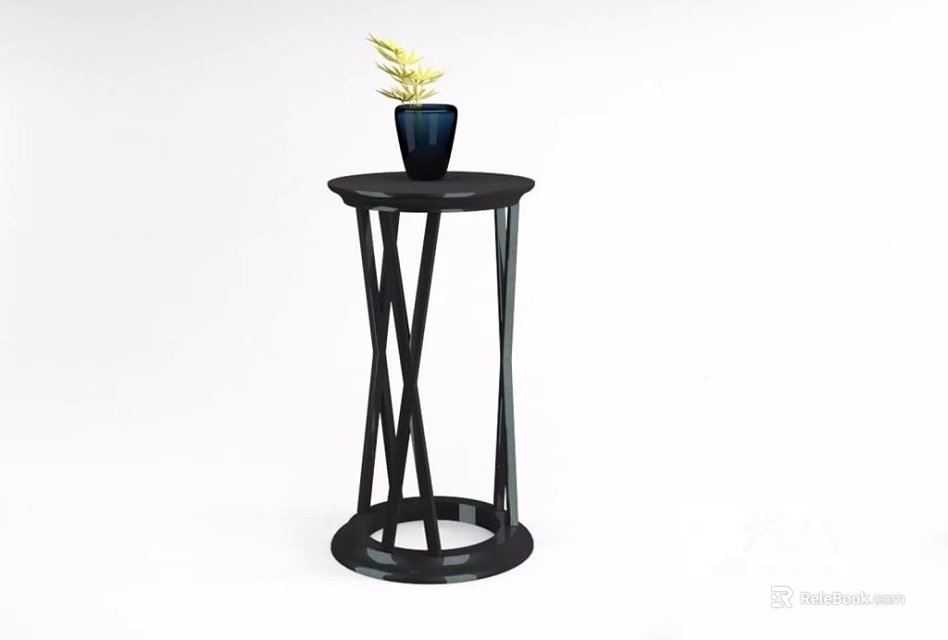 Black Round Garden Ornament Stand with Blue Vase and Yellow Plant Foliage 3d model 