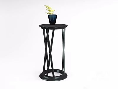 Black Round Garden Ornament Stand with Blue Vase and Yellow Plant Foliage 3d model