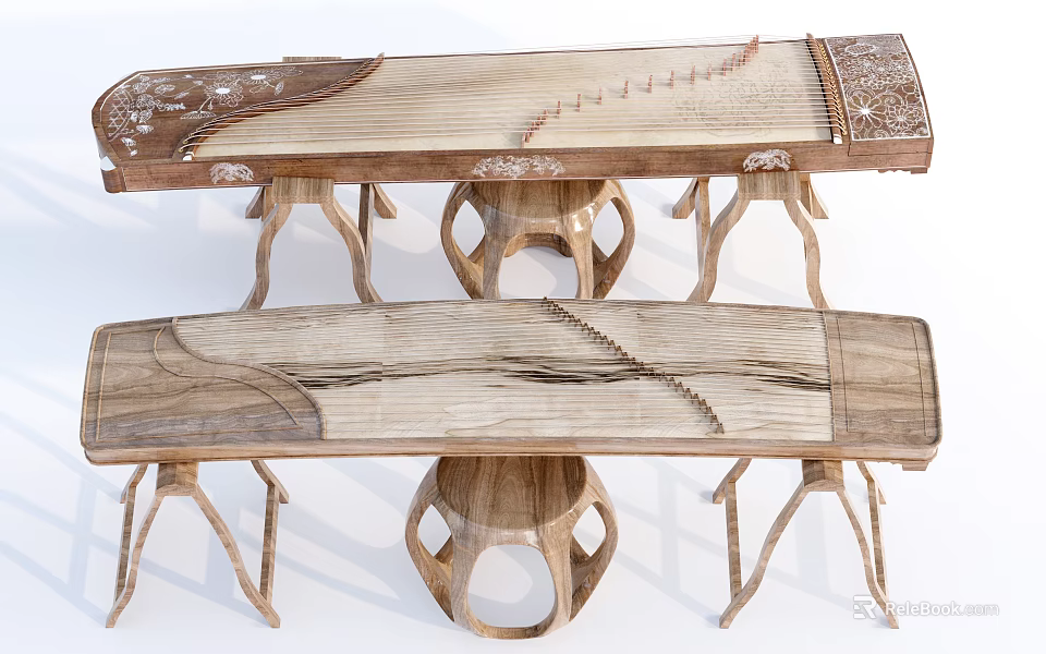Chinese Guzheng Musical Instruments On Intricately Carved Wooden Stands With Classic Design 3d model 