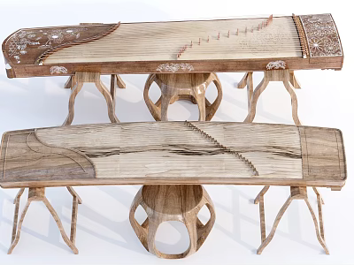 Chinese Guzheng Musical Instruments On Intricately Carved Wooden Stands With Classic Design 3d model