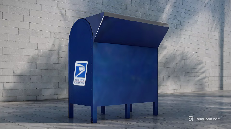 Commercial Mailbox Equipment Blue USPS Logo Metal Structure With Roof Legs And Brick Wall Background 3d model 