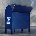 Commercial Mailbox Equipment Blue USPS Logo Metal Structure With Roof Legs And Brick Wall Background