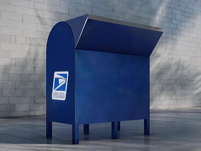 Commercial Mailbox Equipment Blue USPS Logo Metal Structure With Roof Legs And Brick Wall Background 3d model