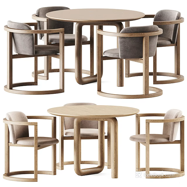 Modern Round Dining Table Set With Wooden Frame And Upholstered Chairs 3d model