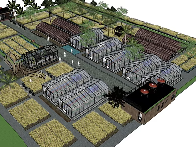 Garden Landscape Design Featuring Multiple Greenhouses Farm Plots Paths And Trees 3d model