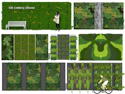 Creative Living Green Wall Design With Outdoor Scenery Patterns And People Activities 3d model