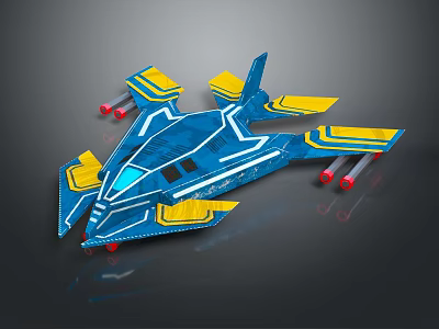 Futuristic Blue And Yellow Spaceship Model With Streamlined Wings And Red Engines 3d model