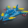 Futuristic Blue And Yellow Spaceship Model With Streamlined Wings And Red Engines