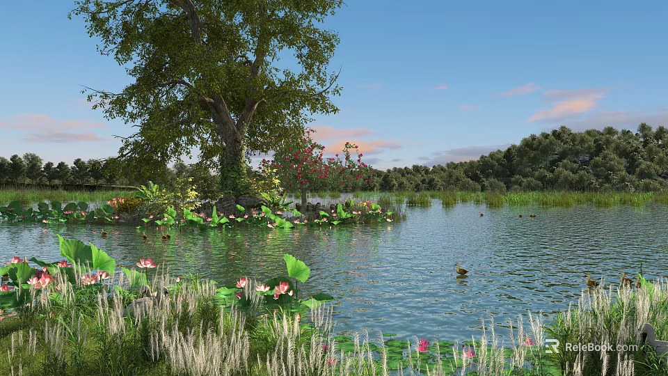 Serene Lake Scenery With Large Tree Lotus Flowers And Distant Woods Under Blue Sky 3d model 