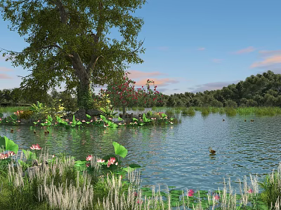Serene Lake Scenery With Large Tree Lotus Flowers And Distant Woods Under Blue Sky 3d model