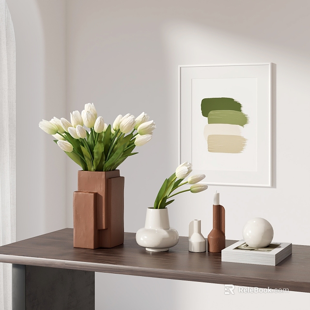White Tulips in Brown Square and White Vases with Abstract Painting on Dark Wooden Table 3d model 