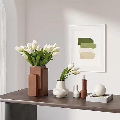 White Tulips in Brown Square and White Vases with Abstract Painting on Dark Wooden Table 3d model