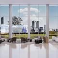 Bright Modern Hotel Public Lounge With Large Windows City View Green Plants And Comfortable Sofas