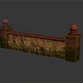 Vintage Stone Wall With Red Spherical Finials Red Bricks And Green Moss On Reflective Surface