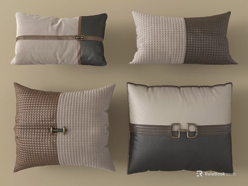 Modern Decorative Pillows In Neutral Tones With Leather Fabric Patchwork And Buckle Details 3d model 