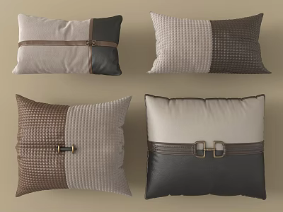 Modern Decorative Pillows In Neutral Tones With Leather Fabric Patchwork And Buckle Details 3d model